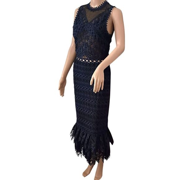 Jonathan Simkhai Sheer Lace Dress Sz 2 Midi NEW Lattice Embroidered Trumpet - Picture 7 of 16